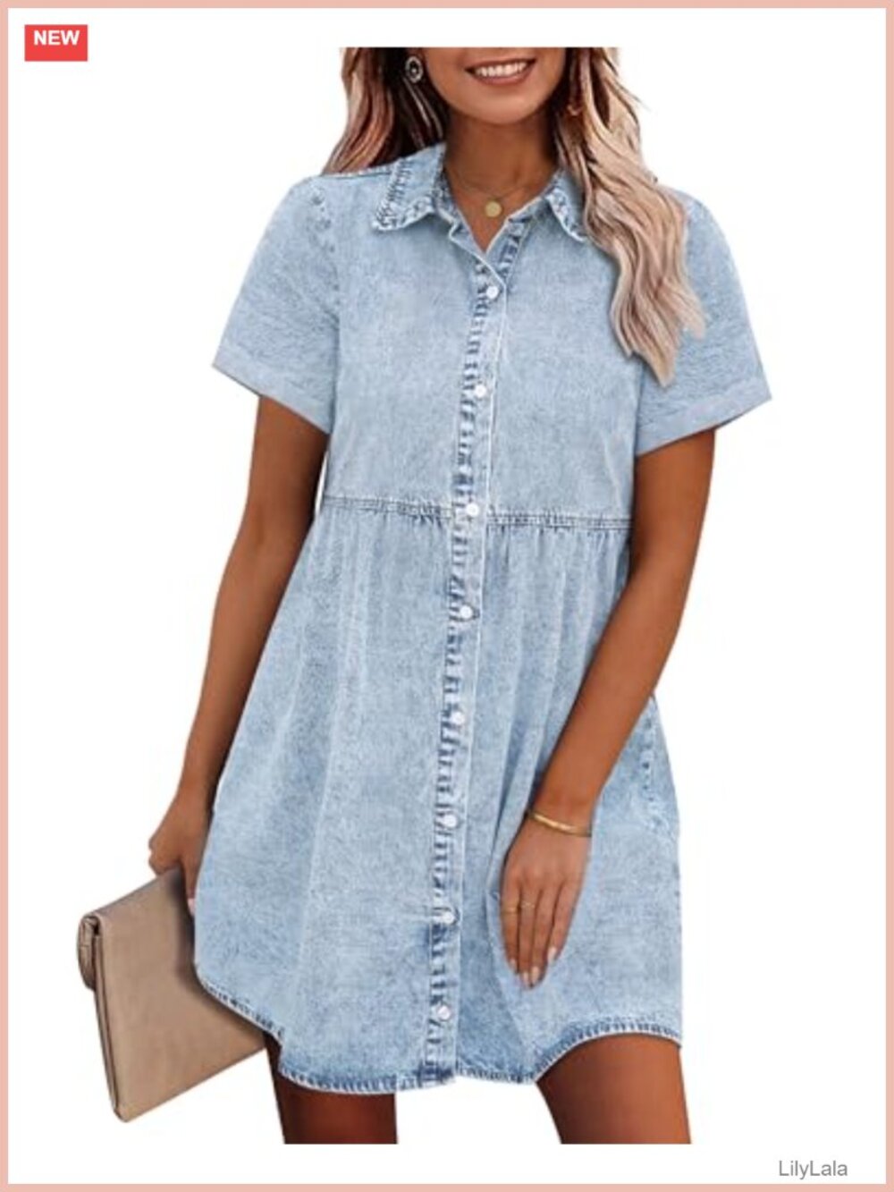 Denim Babydoll Dress Tiered Short Sleeve Button Down Jean Shirt Dress